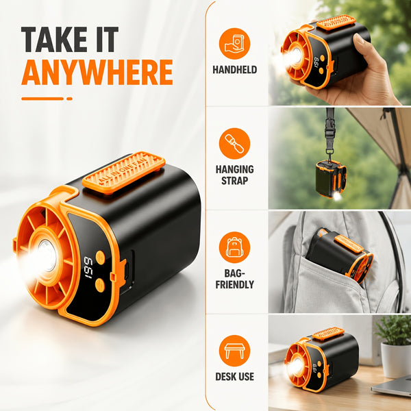 Portable Multi-functional Fan, Rapid Cooling 181.44g Ultra-lightweight Design, 18000 RPM High-speed Motor, 5000mAh Long-lasting Battery, Fast Charge Shock Dust Resistant, Flashlight, for Travel, Gym, Party, Working In High-temperature Environments