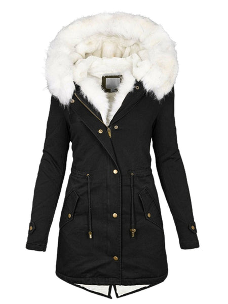 Women's European/American Style Winter Parka Jacket with Collar & Waist-Cinching  - Beige Coat, -Tone Zippers, Pockets - Machine Washable Cold Weather Outerwear (Casual to Formal)