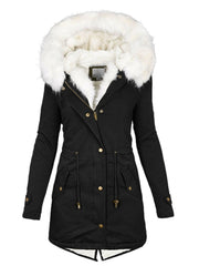 Women's European/American Style Winter Parka Jacket with Collar & Waist-Cinching  - Beige Coat, -Tone Zippers, Pockets - Machine Washable Cold Weather Outerwear (Casual to Formal)