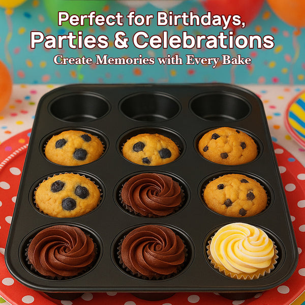 ANGIX 6 & 12 Cup Muffin Tray Nonstick - Dishwasher Safe Cupcake Tins for Baking | Non-Stick Pan Muffin Trays, Baking Mould for Muffins or Cupcakes, Bakeware - (Black)