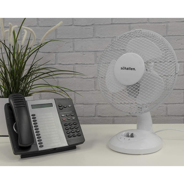 Schallen White 9 Inch Portable Desk Fan Oscillating Table Fan Quiet Electric Cooling Fan 2 Speed Settings Desktop Air Circulator Home Office Bedroom Workstation Garage Small Table Fan Plastic Blade Safety Mesh Grill UK Plug Grey White or Black