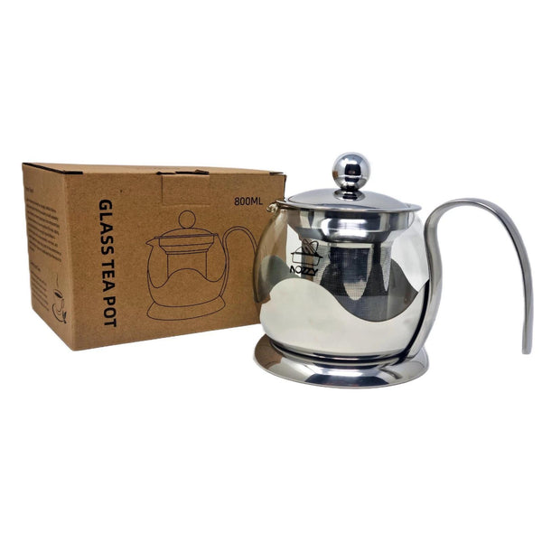 Glass Teapot with Stainless Steel Infuser, 800ml Borosilicate Tea Pot, Clear Modern Design with Strainer for Loose Tea, 4-6 Cups