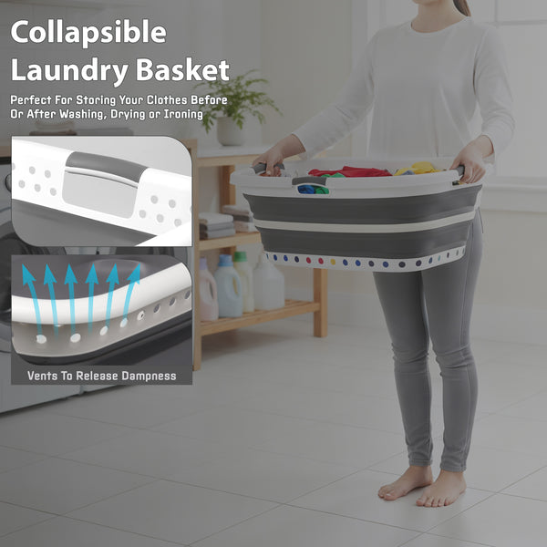 Large 37L Foldable Laundry Basket – Collapsible Clothes Hamper with Non-Slip Handles, Curved Space-Saving Design, Durable Plastic Laundry Storage for Home & Bathroom
