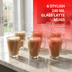 Set of 6, 12-Piece Clear Latte Glass Set 240ml – Temperature-Resistant Coffee, Tea & Dessert Mugs with Handle