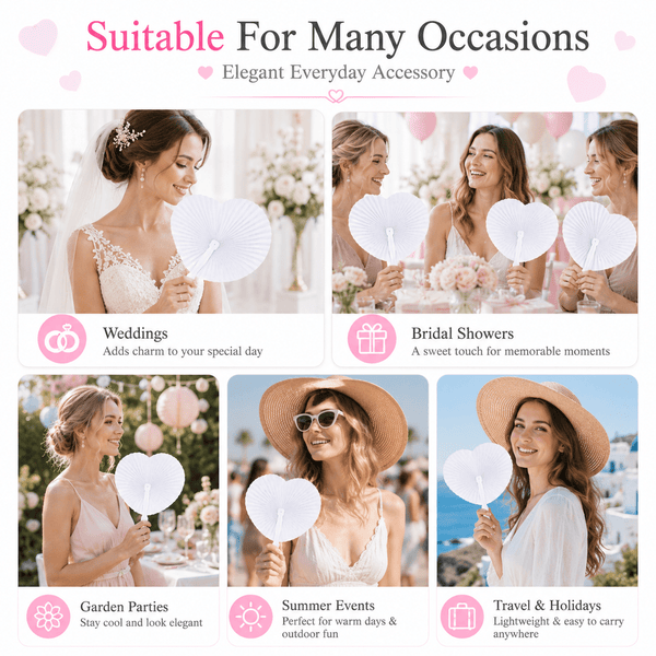 12pcs White Heart Folding Paper Fan with Plastic Handle Hand Fan for Weddings Parties Summer Events