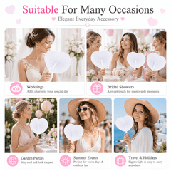 12pcs White Heart Folding Paper Fan with Plastic Handle Hand Fan for Weddings Parties Summer Events