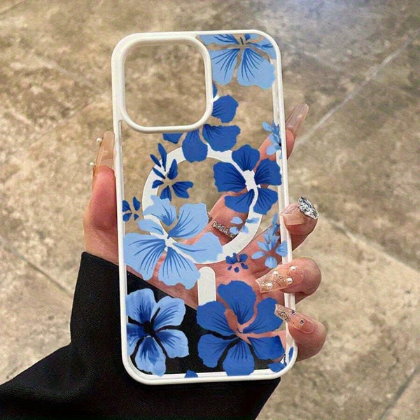 Phone Case - A Fashionable Magnetic Phone Case Adorned with Blue Floral Patterns, Compatible with for Iphone 17 Pro Max/Pro/Air, 16 Plus, 15, 14 Pro Max, 13, 12, 11, And Galaxy. A Perfect Gift for Friends, Boys, Girls, Or Family