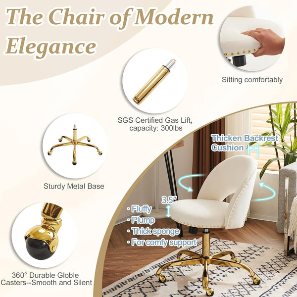 Office Chair Velvet Fabric Swivel Computer Desk Chair Comfy Armless Vanity Task Chair With Adjustable Height, Ergonomic Chair for Home Bedroom (Delicate Lilac)