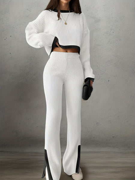 Women'S Short Color-Blocked Long-Sleeve Top with Solid Color Pants, a Casual And Stylish Outfit for Christmas