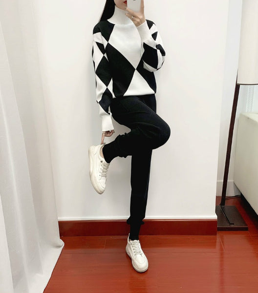 Women'S New Arrival Autumn/ Winter 2024 Casual Check Pattern Sweater Set - Style Trendy Two-Piece Outfit, Long Sleeve, Square Neck, Color Block, Drawstring, Pants, Casual Wear|Check Pattern Top|Drawstring Pants, Sweater Set