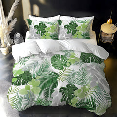 Monstera Green Bedding Set with Digital Printed Duvet Cover And Pillowcases
