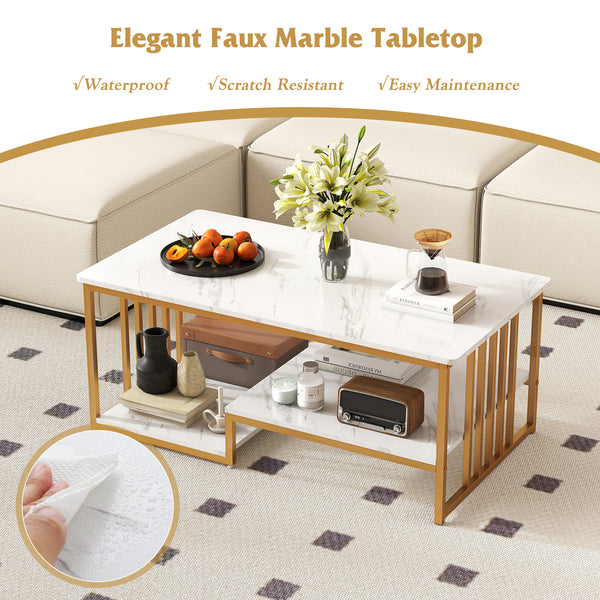 GOFLAME Faux Marble Coffee Table Rectangular 2-Tier Center Table w/ Shelf-White