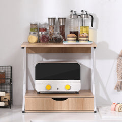 Microwave Oven Shelf Stand with Drawer, 2-Tier Kitchen Countertop Storage Rack Spices Rack Freestanding, Home Office Printer Stand Multifunctional Unit Shelving Wood Top Metal Frame