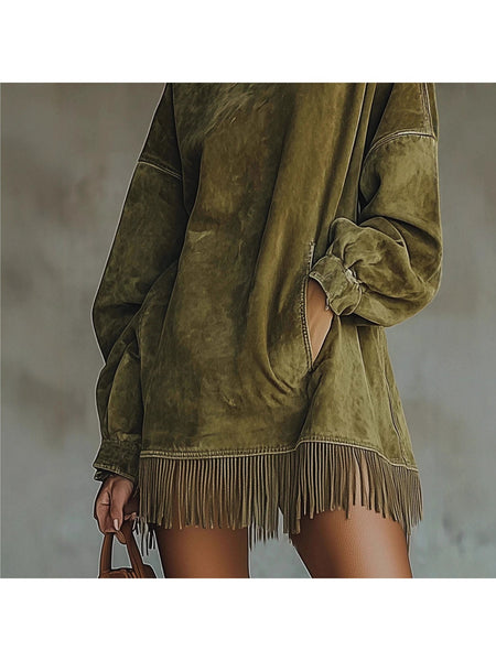 A High-Neck Dress for Women Featuring Fringes, a Loose Fit, Long Sleeves, And Pockets. This Bohemian-Style Skirt Is Perfect for The Relaxed Fashion of Autumn And Winter. It'S Great for Street Style, Holiday Trips