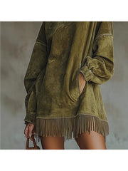 A High-Neck Dress for Women Featuring Fringes, a Loose Fit, Long Sleeves, And Pockets. This Bohemian-Style Skirt Is Perfect for The Relaxed Fashion of Autumn And Winter. It'S Great for Street Style, Holiday Trips