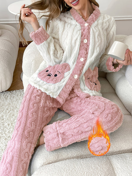 Autumn and Winter New Women's Long-Sleeve Robe Set with Embroidered Bear Pocket Design, Warm and Comfortable Loose-Fit Casual Home Wear