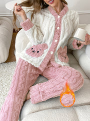 Autumn and Winter New Women's Long-Sleeve Robe Set with Embroidered Bear Pocket Design, Warm and Comfortable Loose-Fit Casual Home Wear