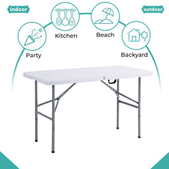 Portable Dining 4 Feet Garden Table, Foldable 4ft Trestle Catering Heavy Duty Folding Tables, Indoor & Outdoor Multi-Purpose Picnic BBQ Party Table, White