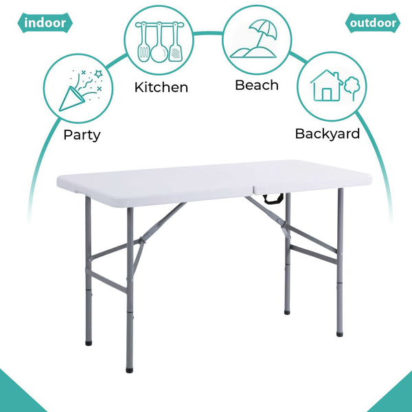 Portable Dining 4 Feet Garden Table, Foldable 4ft Trestle Catering Heavy Duty Folding Tables, Indoor & Outdoor Multi-Purpose Picnic BBQ Party Table, White
