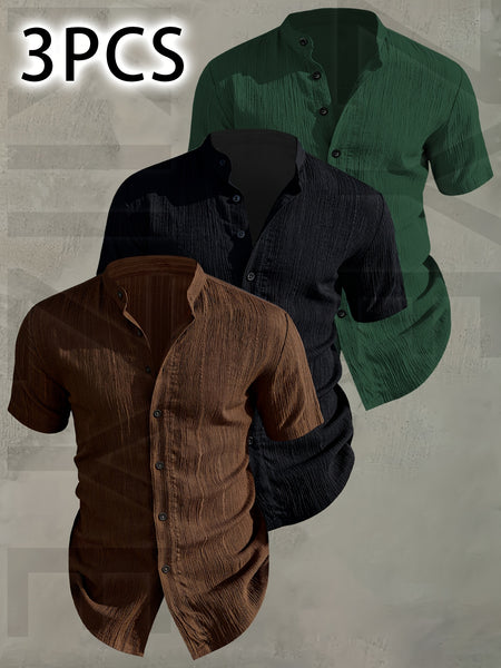 [Pearson OBM] 3pcs Men'S Summer Short Sleeve Shirt - Lightweight Breathable Solid Color Button-Up Casual Shirt with Stand Collar, Machine Washable for Beach Vacation, Pool Party And Casual Attire, Beach Shirt, Perfect for Gifting