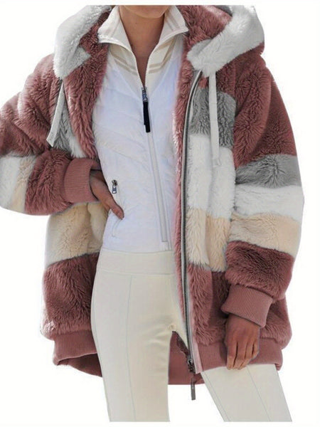 Women's Warm -Lined Hooded Winter Coat with Jacket - Brown & White Geometric/Striped Outer, Zippered Pockets, Machine Washable Casual Outerwear for Weather (Non-Stretch) | - Outer Jacket for women