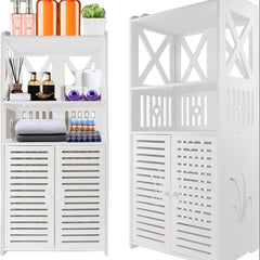 Bathroom Floor Cabinet Shelf FreeStanding Bathroom Storage Unit with Daily Use Layer And Cupboard Double Door, Multi-purpose PVC Cabinet for Store Toilet Paper, Shampoo, White 40x 25x 90cm