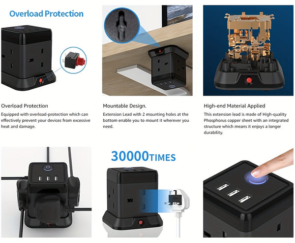 Cube Extension Lead with 3 USB Slots 13A 3250W Hulker 4 Gang Plug Extension Socket with Switch 4 Way Power Strip with 3 USB Port 1.5m Extension Cord Black for Home Dorm Office Travel
