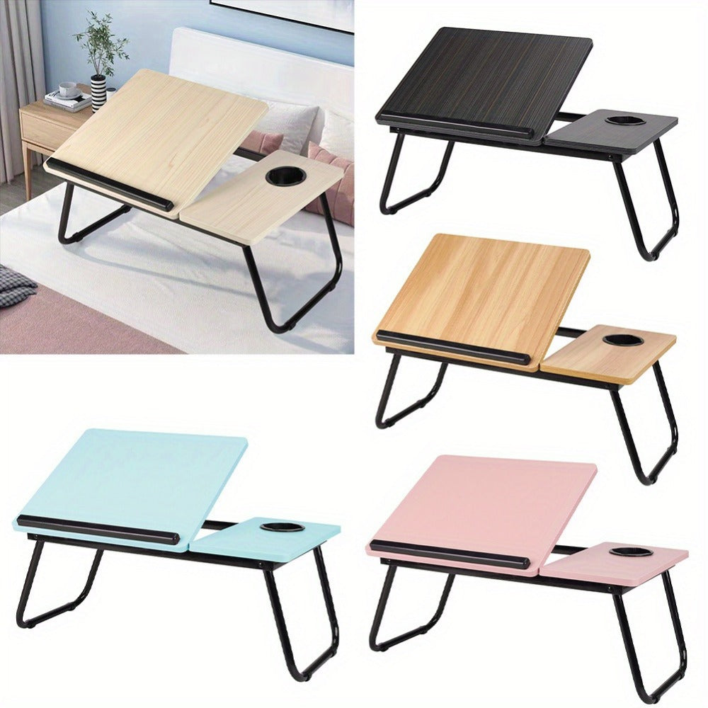 [Cozy Comfort] Versatile Folding Laptop Desk with Cup Holder - 5-Level Adjustable Tilt, Portable & Sturdy Wooden Frame, Ideal for Reading, Studying & Serving Breakfast in Bed - Available in Black, Walnut, Natural, Pink