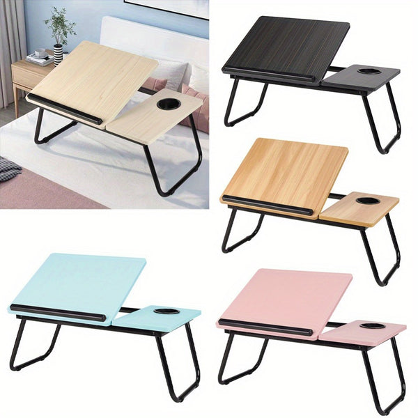[Cozy Comfort] Versatile Folding Laptop Desk with Cup Holder - 5-Level Adjustable Tilt, Portable & Sturdy Wooden Frame, Ideal for Reading, Studying & Serving Breakfast in Bed - Available in Black, Walnut, Natural, Pink