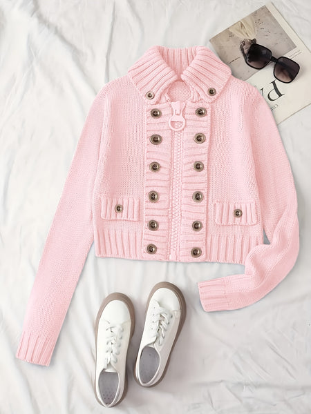 Christmas Women's Elegant Cardigan - Front Zipper & Multi Buttons, Stand-Up Collar Sweater, Structured Fit for Office, Party, Everyday - All-Season Chic Outerwear, Office Wear, Textured Knitwear, Ribbed Texture, Stylish Coverup, Working Professionals