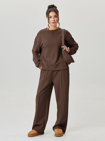Women'S Minimalist Round Neck Loose Top And Exposed Stitch Trousers Co-Ord, Soft Womenswear