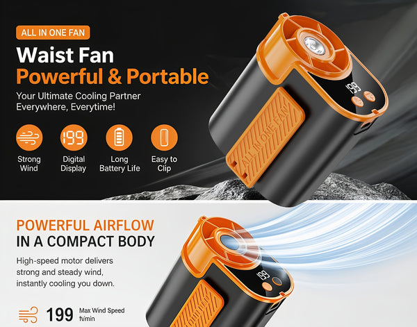 5-In-1 Cooling Fan, Waist Fan, Clamp Fan, Desktop Fan And Handheld Fan, 199 Speed Settings, with LED Display, Silent Motor, Quick Charging And Shock-Resistant Design. Father'S Day Gift, Suitable for Daily Use