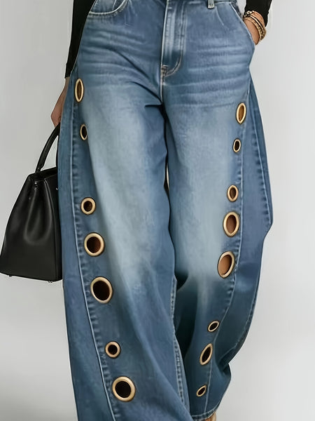 New Retro Style Denim Jeans for Women, with Metal Eyelets Designed for Casual And Loose Fit, High Waisted And Wide Leg Jeans, Street Cool Women'S Clothing, Black Retro Blue Light Blue Women'S Straight Leg Denim Pants
