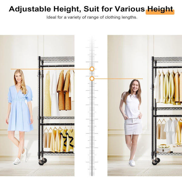 M MZG Heavy Duty Easy to Assemble - Multi-functional Removable Clothes Rack - with Three Shelves, Side Hooks And Locking Casters - Sturdy And Durable - Suitable for Bedroom, Living Room And Wardrobe Black