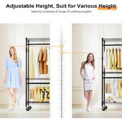 M MZG Heavy Duty Easy to Assemble - Multi-functional Removable Clothes Rack - with Three Shelves, Side Hooks And Locking Casters - Sturdy And Durable - Suitable for Bedroom, Living Room And Wardrobe Black
