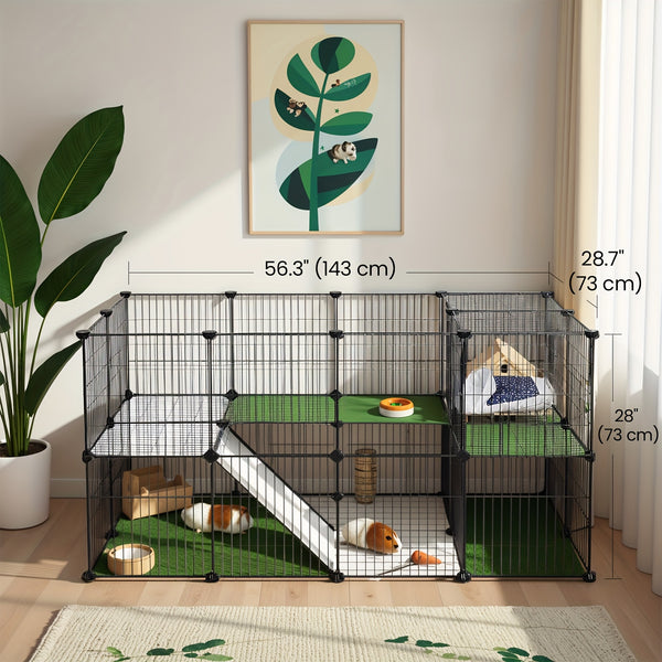 Pet Enclosure, 2 Levels, Modular Enclosure for Small Animals, Hamsters, Rabbits, Guinea Pigs, Mesh Panels, Indoor Use, 143 X 73 X 71 Cm
