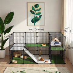 Pet Enclosure, 2 Levels, Modular Enclosure for Small Animals, Hamsters, Rabbits, Guinea Pigs, Mesh Panels, Indoor Use, 143 X 73 X 71 Cm
