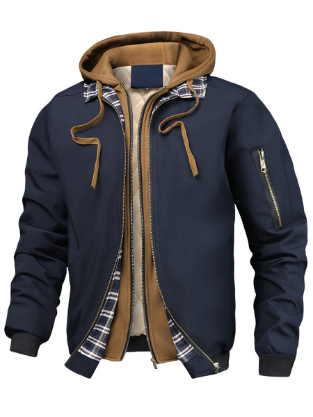 Men'S Plaid Hooded Zip-Up Jacket - Casual Loose Fit, Brown & Black Checkered Pattern, Drawstring Hood, Long Sleeves, Polyester Lining, Perfect for Spring, Fall & Winter, Autumn Winter Jacket | Plaid Pattern Jacket | Zippered Jacket