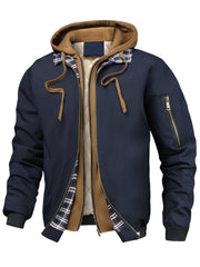 Men'S Plaid Hooded Zip-Up Jacket - Casual Loose Fit, Brown & Black Checkered Pattern, Drawstring Hood, Long Sleeves, Polyester Lining, Perfect for Spring, Fall & Winter, Autumn Winter Jacket | Plaid Pattern Jacket | Zippered Jacket