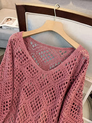 Plus Size - Plus Size - Plus Size Women'S Cashew Flower Loose Temperament Hollow Round Neck Pullover Long Sleeve Sweater