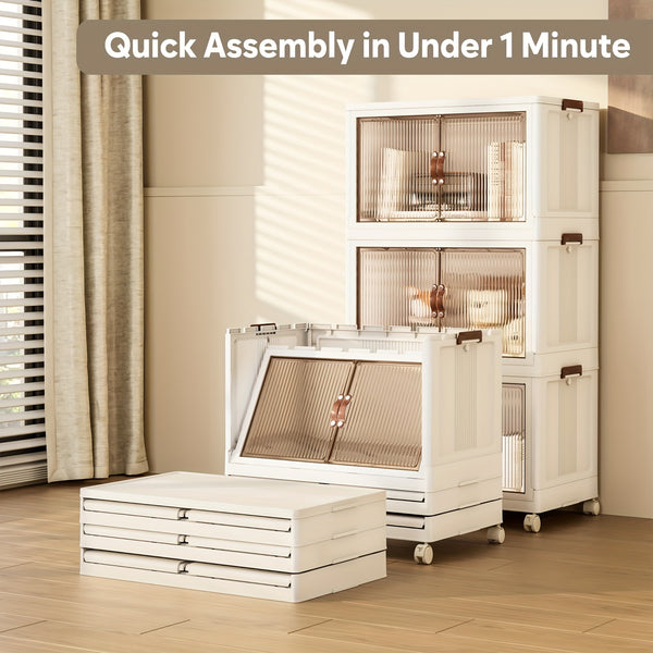 2/3/4/5-Pack White Plastic Storage Bins with Lids - Heavy-Duty Stackable Collapsible Storage Containers with Magnetic Closure & Smooth-Rolling Wheels, Large Rectangular Organizer Drawers for Home, Office, Garage, Pantry, Closet - Space-Saving Durabl