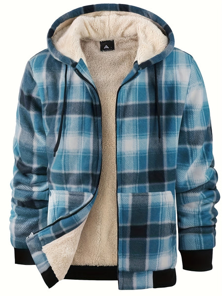 Men's Heavyweight -Lined Hooded Jacket - Full-Zip Plaid Thickened Shirt with Pockets and Adjustable Drawstring, Comfortable and Warm for Autumn and Winter