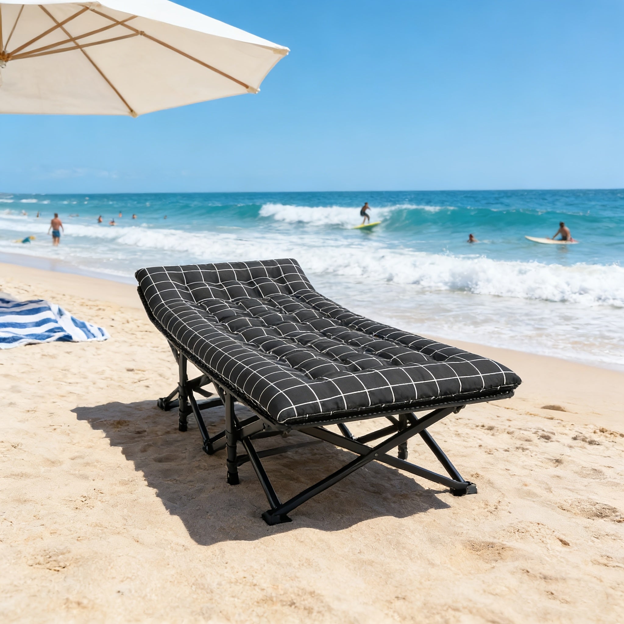 Sun Lounger with Cushion 6-Position Adjustable Folding Sun Lounger Portable 280kg Max. Load Sunloungers with Strap 200x65x32cm Sun Bed for Garden Pools Camping Indoor, Gray