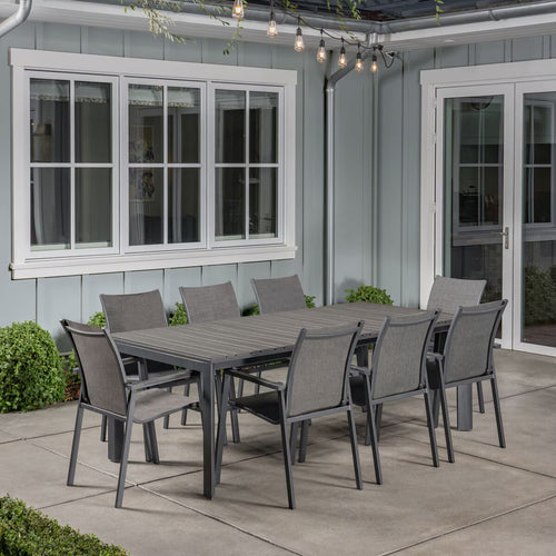 Sunvilla Dark Forest 9 Piece Extending Sling Dining Patio Set + Cover