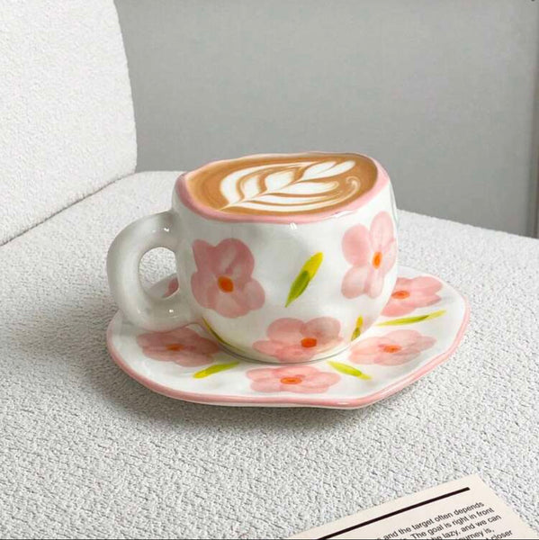 1pc Ceramic Coffee Cup And Saucer, Korean-Style Ins Style Retro Hand-Knotted Mug, High-Looking Fresh Breakfast Milk Cup, Office Water Cup, Tea Cup, Suitable for Home Use, Parties, Gift Giving
