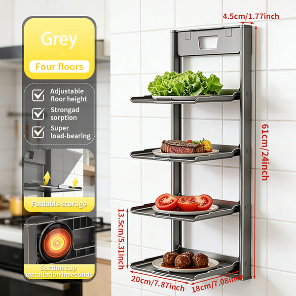 4-Tier Foldable Wall-Mounted Kitchen Prep Station & Space-Saving Shelf - Heavy-Duty Carbon Floating Shelves with Suction Cup Mount Suitable for Home & Restaurant Use, Foldable Organizer for Spice Rack, Dish Drying & Vegetable Prep