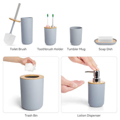 6pc Grey Black White Bathroom Accessories- Bathroom Bin And Toilet Brush Set- Durable Toothbrush Holder Cup- Soap Dispenser With Pump- Soap Dish Holder