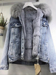 Women's Cozy -Lined Denim Jacket - Casual Long Sleeve Outerwear, Loose Fit, Button-Up Front, Flap Pockets, Solid Color, Perfect for Fall/Winter, Casual Winter Wear | Relaxed Fit Jacket | Lined Jacket