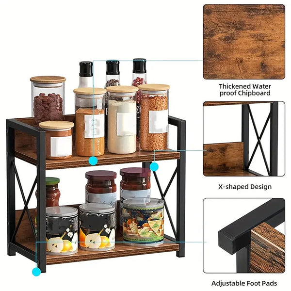 2 Tier Wooden Spice Rack, Kitchen Counter Organiser for Spices, Oil Bottles, Coffee Storage, Rustic Design with Stable Structure, Quick Assembly, Versatile for Home and Office Use