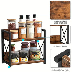 2 Tier Wooden Spice Rack, Kitchen Counter Organiser for Spices, Oil Bottles, Coffee Storage, Rustic Design with Stable Structure, Quick Assembly, Versatile for Home and Office Use